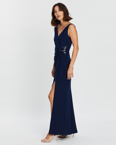 Amalia Navy Wrap Gown | [product-vendor] | Chic Style Hire | Designer Dress Hire Sydney Australia