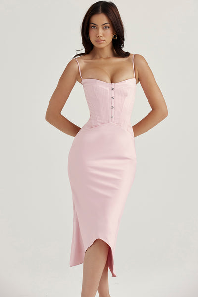 Imogen Rose Pink Satin Corset Midi Dress